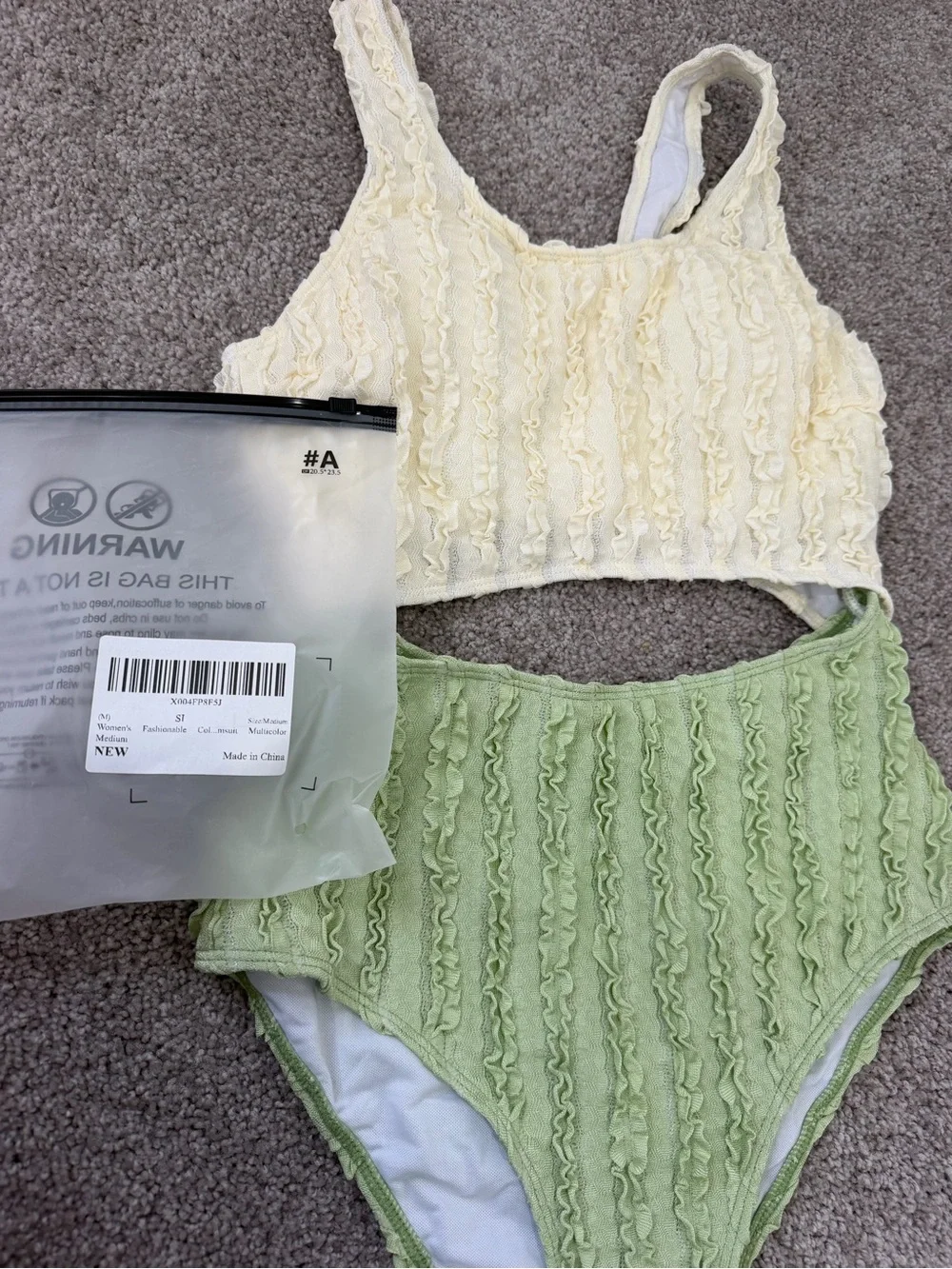 SHEIN Green and cream one piece swimsuit with ruffled texture M
